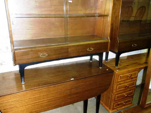 Pair 1960's Sliding Glazed Door Bookcases and Similar Drop Leaf Dining Table (3)