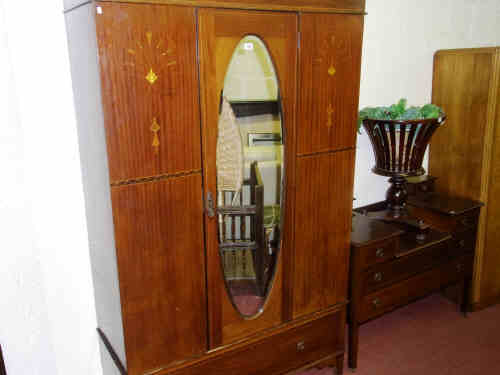Edwardian Inlaid Mahogany Mirror Door Wardrobe and Dressing Table