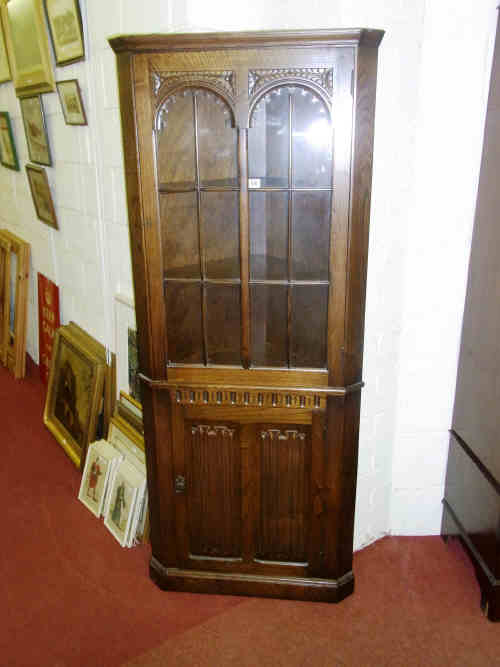 Carved Oak Glazed Door Top Double Corner Cabinet