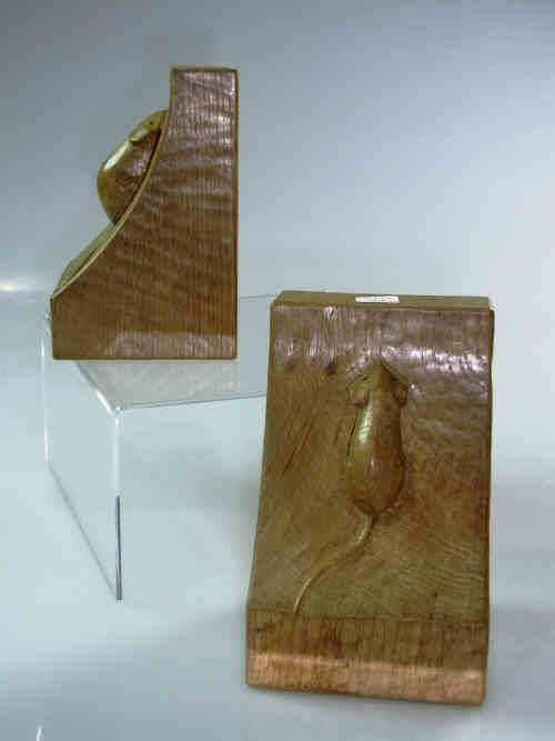 Pair of Oak Bookends with Carved Mouse Motif