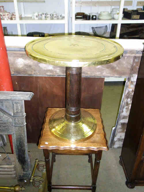 Circular Brass Topped Pedestal Occasional Table and Oak Occasional Table (2)