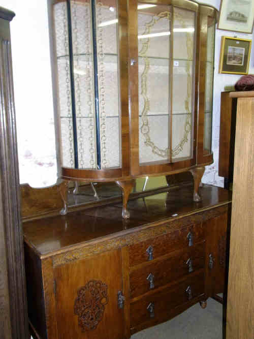 1930's Oak Mirror Back Sideboard and Walnut Cabriole Leg China Cabinet (2)