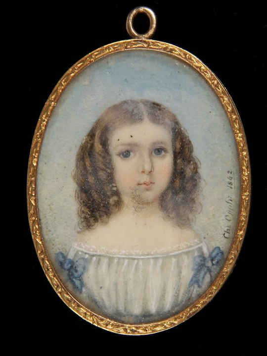 MINATURE PORTRAIT LOCKET - Oil on Ivory Portrait of Young Girl with Red Ringlets, in blue dress,