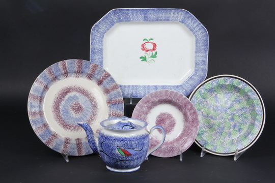 (5 PCS) RAINBOW SPATTERWARE - 19th c Soft Paste, including: Octagonal Platter w/ rose, (2) diff