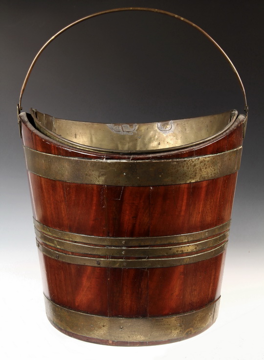 PEAT BUCKET - 18th c English Mahogany Peat Bucket with brass liner, swing bail handle, in tapered