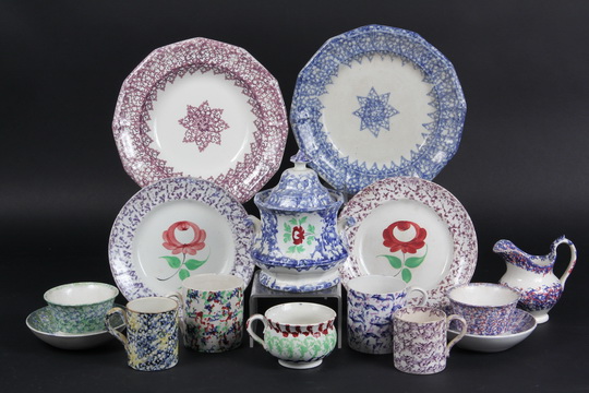 (15 PCS) SPONGEWARE - Misc. 19th c Polychrome Soft Paste, inc: (3) Plates, Bowl, Covered Sugar,