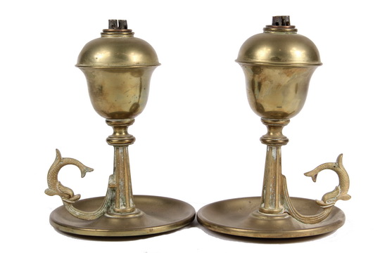 PAIR BRASS LAMPS - Pair of Brass Whale Oil Finger Lamps, circa 1840, with cast dolphin form handle