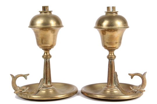 PAIR BRASS WHALE OIL LAMPS - Brass Lamps with cast dolphin-form finger loops, fluted tapered