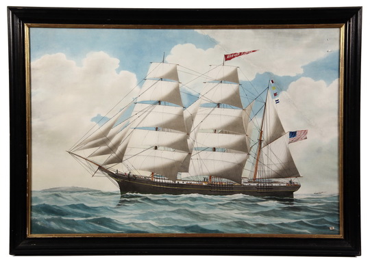 W/C GOUACHE - Ship`s Portrait of the `Robert Porter` with five men on deck, island to left,