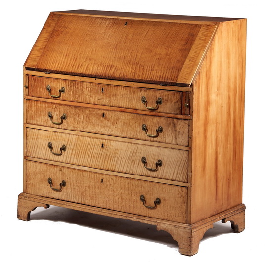 SLANT FRONT DESK - 18th c Country Chippendale Slant Front Desk in rampant tiger maple, with