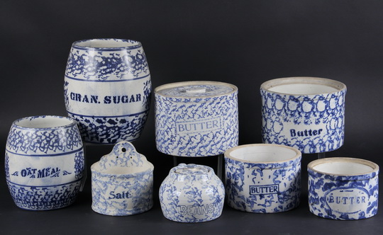 (8 PCS) SPONGEWARE - MId to late 19th c Stoneware, including: An Oatmeal Barrel, a Sugar Barrel, (4)