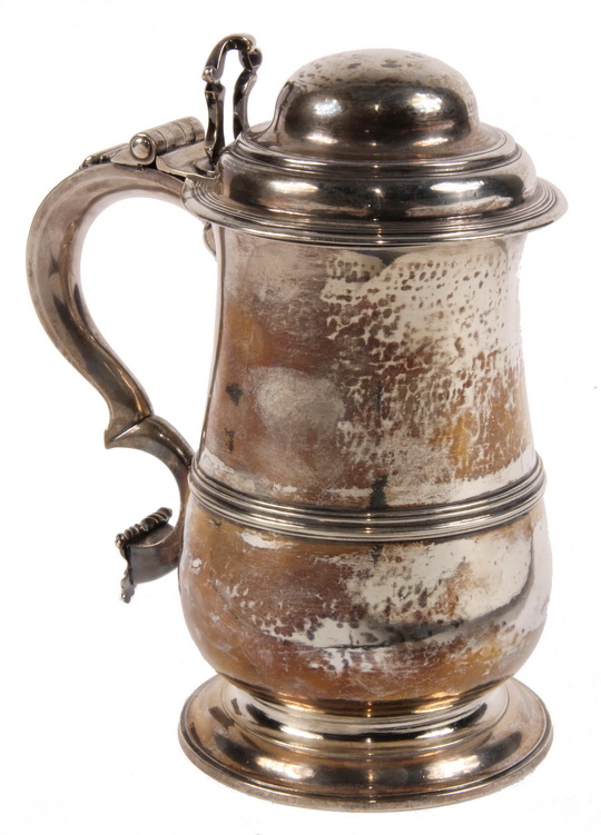 STERLING TANKARD - English George II period sterling silver lidded tankard, London, 1754 by