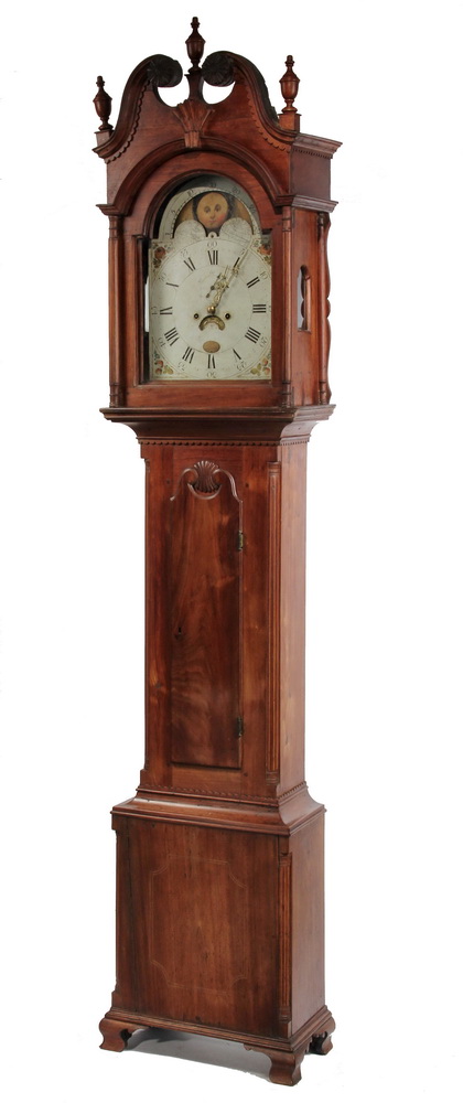 TALL CASE CLOCK - Ca 1800 Pennsylvania Walnut Tall Case Clock, engraved `BM` on brass medallion