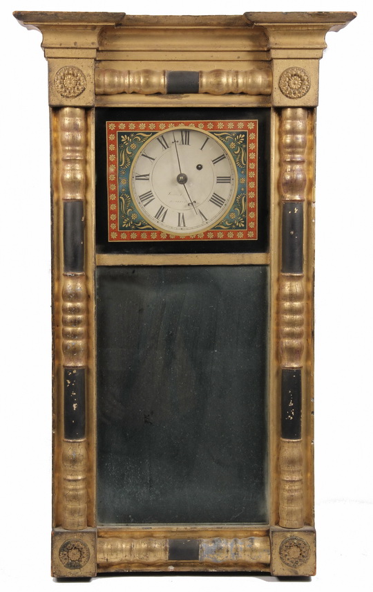 MIRROR CLOCK - Rare Maine Made Federal Period Clock by James Cray of Brunswick, Maine, 1806-1850.