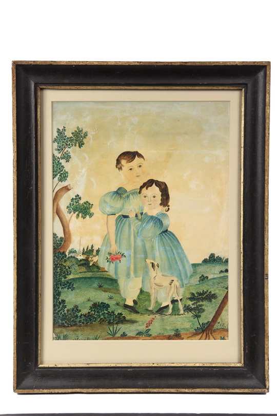 FOLK ART WATERCOLOR - Portrait of Two Children with Dog in Field, circa 1800, Connecticut or New
