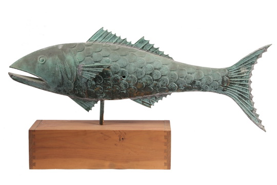 FISH WEATHERVANE - 19th c Copper Full-Body Cod Weathervane from the top of the Captain Jerffords