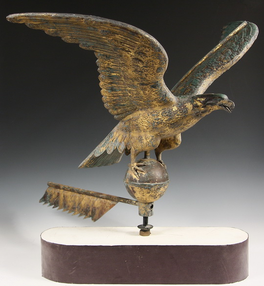 EAGLE WEATHERVANE - Late 19th c Gilt Copper Eagle Weathervane, attributed to Fiske & Co., three-