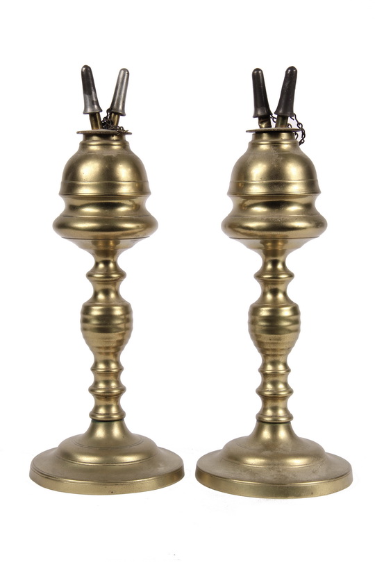 PAIR WHALE OIL LAMPS - Brass Lamps with fancy inverted acorn fonts, turned base & beehive columns,