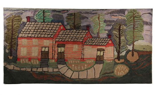 LARGE PICTORIAL HOOKED RUG, MOUNTED - Impressive Depiction of New England Three Generation Clapboard