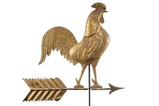 ROOSTER WEATHERVANE - Swell-Body Molded and Gilt Copper Weathervane of a Cockerell by J.W. Fiske &