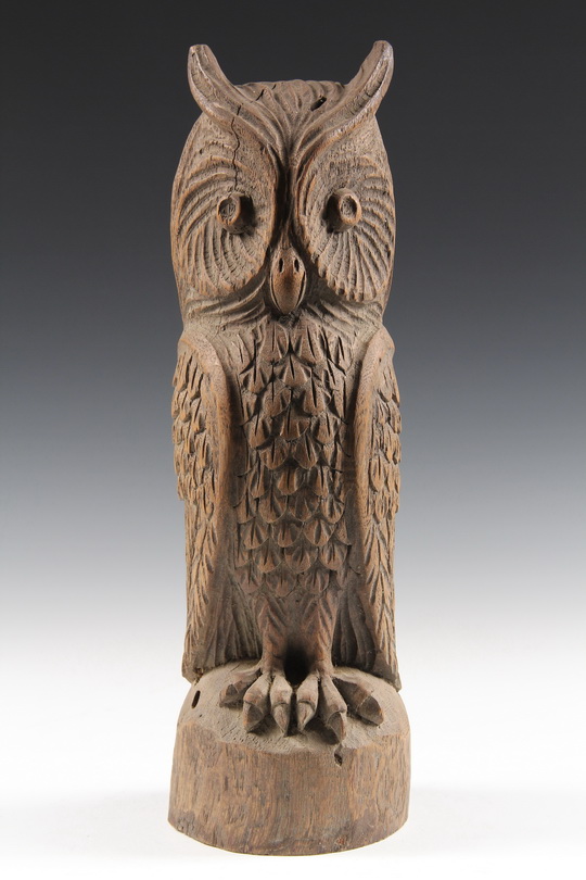 FOLK ART CARVING - 19th c New England Oak Post Finial in the form of a Horned Owl. Found in Maine.