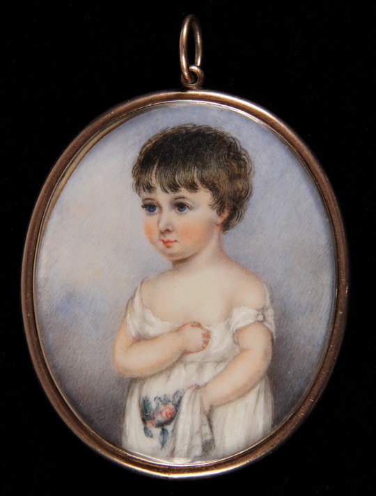 MINIATURE PORTRAIT - Oil on Ivory Portrait of a Toddler Holding a Rose, unsigned, but by Charlotte