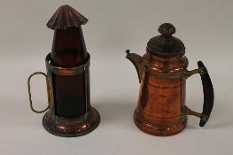 A late nineteenth century copper hot water jug, stamped DRGM, together with a copper lantern. (2)