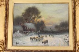 * * Forbes : A shepherd and sheep in a winter landscape, oil on canvas, signed, dated 1911, 19 cm