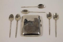 Six silver teaspoons, Gerald Owen, London 1984, together with a silver cigarette case. (7) CONDITION
