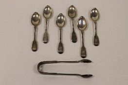 Six silver teaspoons and pair of sugar tongs, Newcastle 1852. (7) CONDITION REPORT: Good
