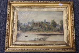 R.M. Allen : A rowing boat on The Tyne at Ovingham, oil on canvas, signed, 29 cm x 44 cm, framed.