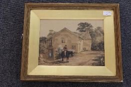 Paul Sandby : A Gentleman on a black horse outside a country dwelling, watercolour, signed, 22 cm
