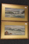 G. Rockhill : Waves breaking with sailing boats beyond, watercolour, signed, 17 cm x 37 cm, together
