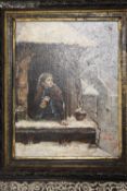 A.R. Valdes : A young girl peering through a window at a blackbird in winter, oil on panel, 24 cm