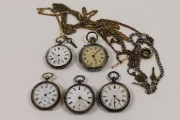 A silver pocket watch, H.J.Norris, London 1885, together with four further pocket watches, three