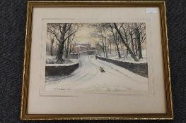 W.S. Stimpson : Sledging on Crow Bank, Wallsend, watercolour, signed in pencil, dated 1985, 25 cm