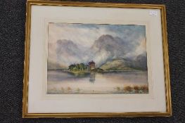 William John Baker : An island on a lake with mountains beyond, watercolour, signed, 31 cm x 43