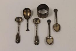 Two nineteenth century silver teaspoons, together with a pair of mustard spoons, a napkin ring and
