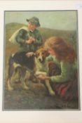 Early Twentieth Century School : Study of two children with a hound, oil on panel, indistinctly