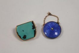 A late Victorian blue enamel circular pendant, width 2.5 cm, together with a 9ct gold mounted
