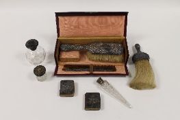 A silver topped brush and two-part dressing table set, together with glass scent flask and four