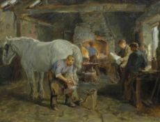 Ralph Hedley : A Blacksmith's Forge, oil on canvas, signed with initials, dated 1910, 33 cm x 43 cm,