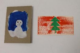 John Mclean :  A green three tiered Christmas tree on orange background, pastel drawing, on folded