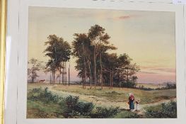 John Teasdale : A mother and daughter out walking in a wooded landscape, watercolour, signed,