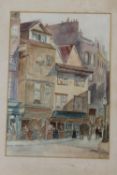 Early Twentieth Century School : Figures and carriages in a street, watercolour, with unidentified