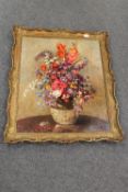 Twentieth Century Continental School  : Still life with mixed flowers in a stoneware vase, oil on