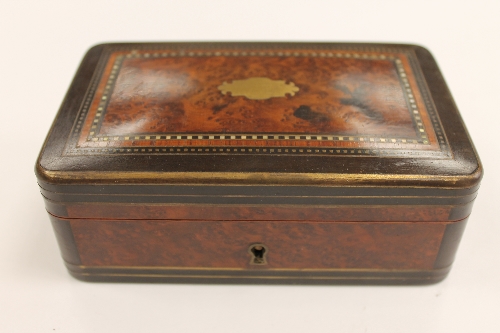 A Victorian inlaid burr walnut and brass bound table box, width 14 cm. CONDITION REPORT: Excellent