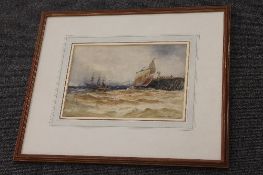 Thomas Bush Hardy : Fishing boats in choppy waters off a pier, watercolour, signed, 19 cm x 29 cm,