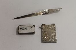 A silver and enamel vesta case, Samuel Morden London 1889, together with a silver card holder and