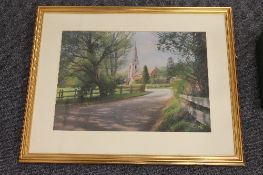 Robert Turnbull : Mitford Church, colour chalks, signed, 28 cm x 38 cm, framed. CONDITION REPORT: